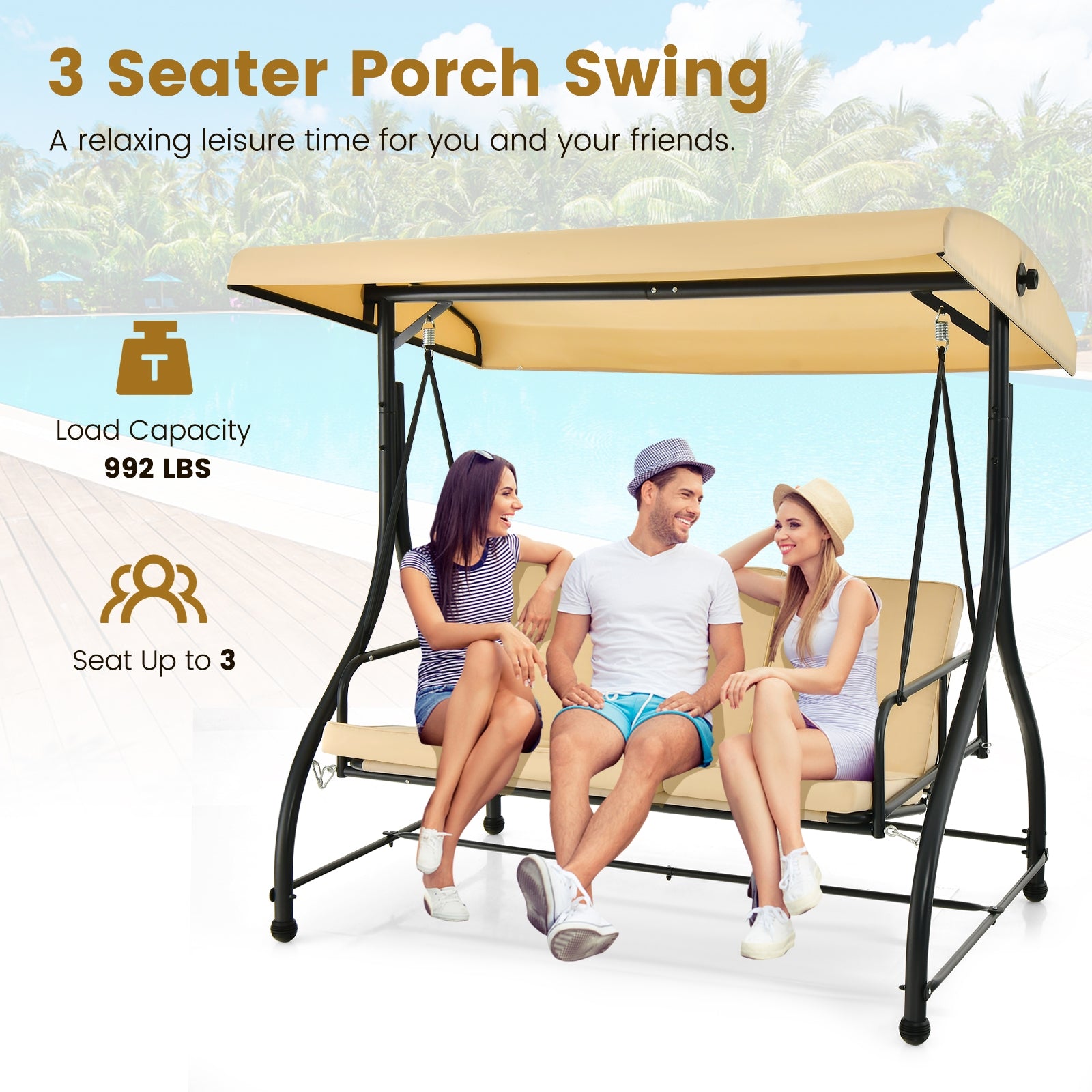 3 Seat Outdoor Porches Swing with Adjustable Canopy, Beige Porch Swings   at Gallery Canada