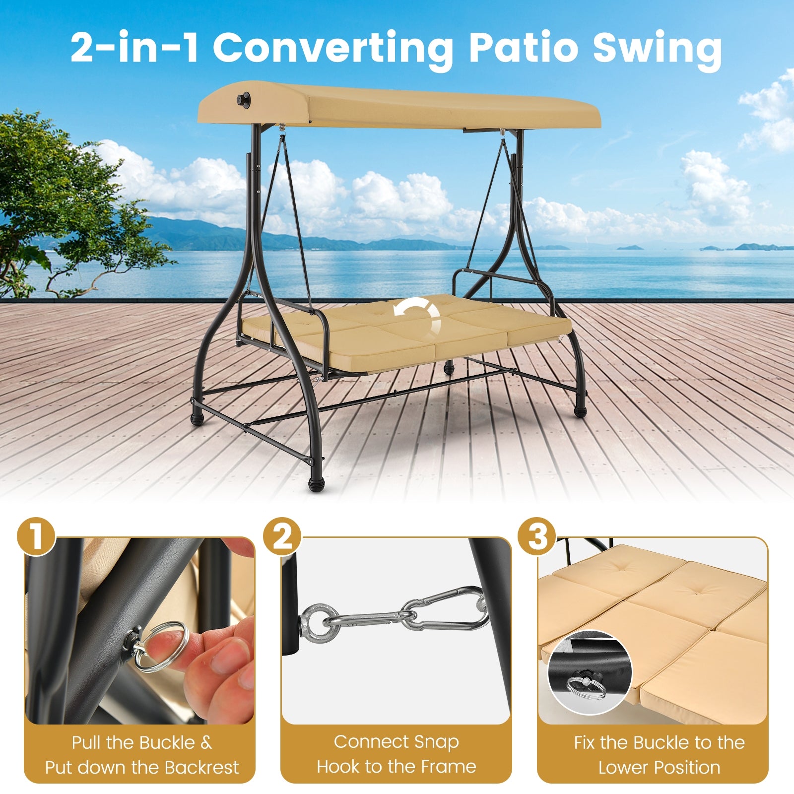 3 Seat Outdoor Porches Swing with Adjustable Canopy, Beige Porch Swings   at Gallery Canada