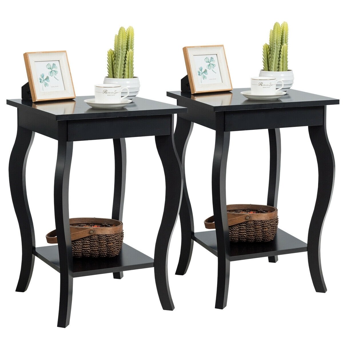 Set of 2 Side Table End Table Night Stand with Shelf, Black End & Side Tables   at Gallery Canada