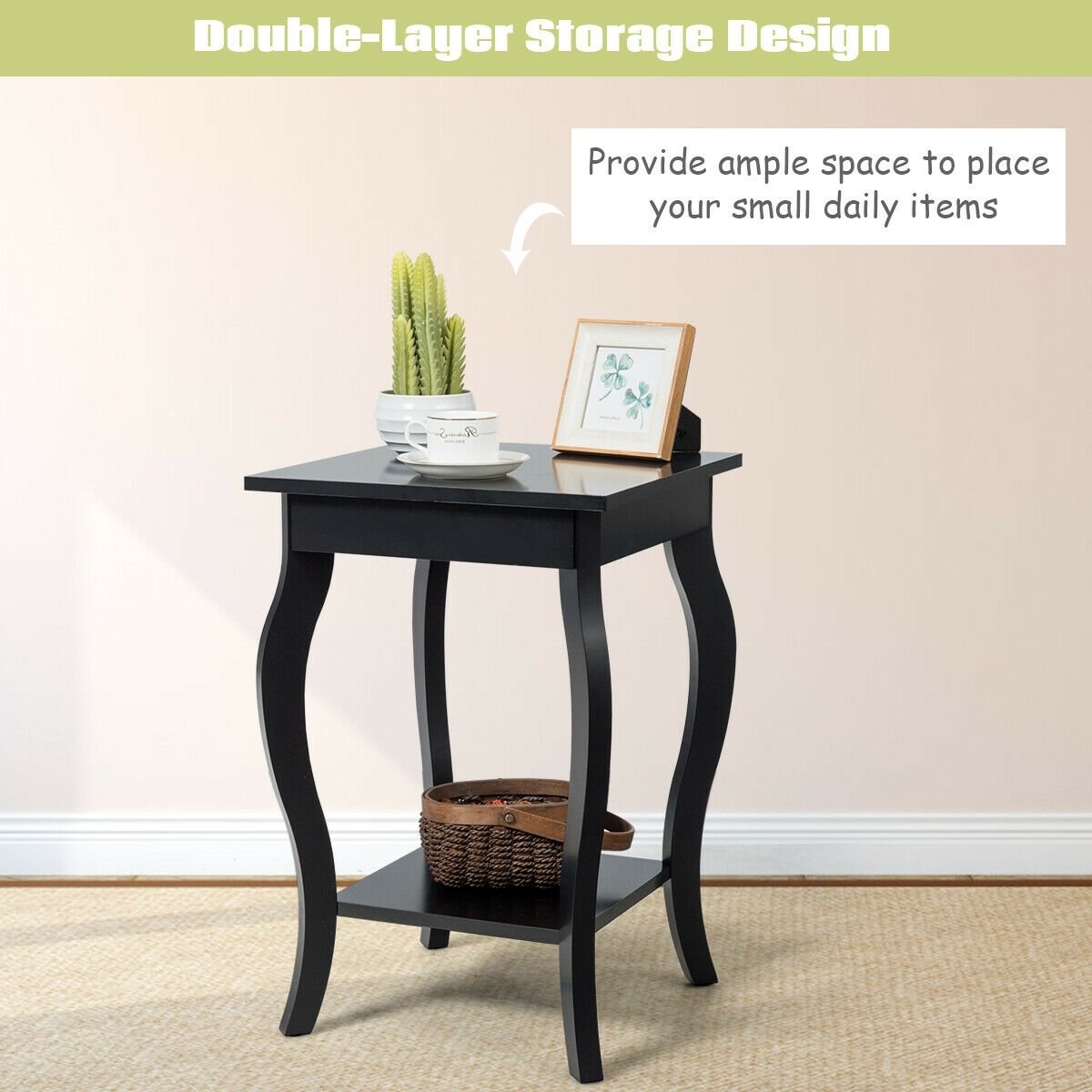 Set of 2 Side Table End Table Night Stand with Shelf, Black End & Side Tables   at Gallery Canada