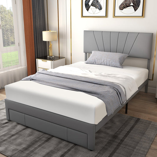 Full/Queen Size Upholstered Bed Frame with Drawer and Adjustable Headboard-Full Size, Gray - Gallery Canada
