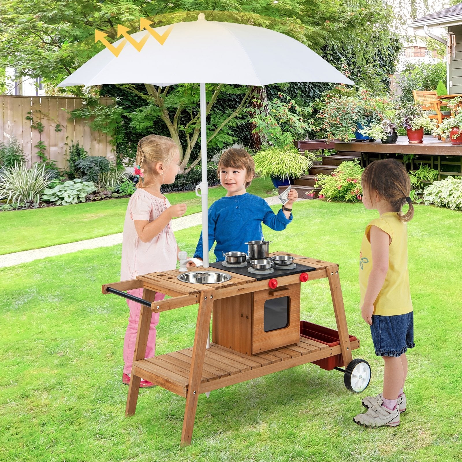 Wooden Play Cart with Sun Proof Umbrella for Toddlers Over 3 Years Old, Brown Pretend Toys   at Gallery Canada