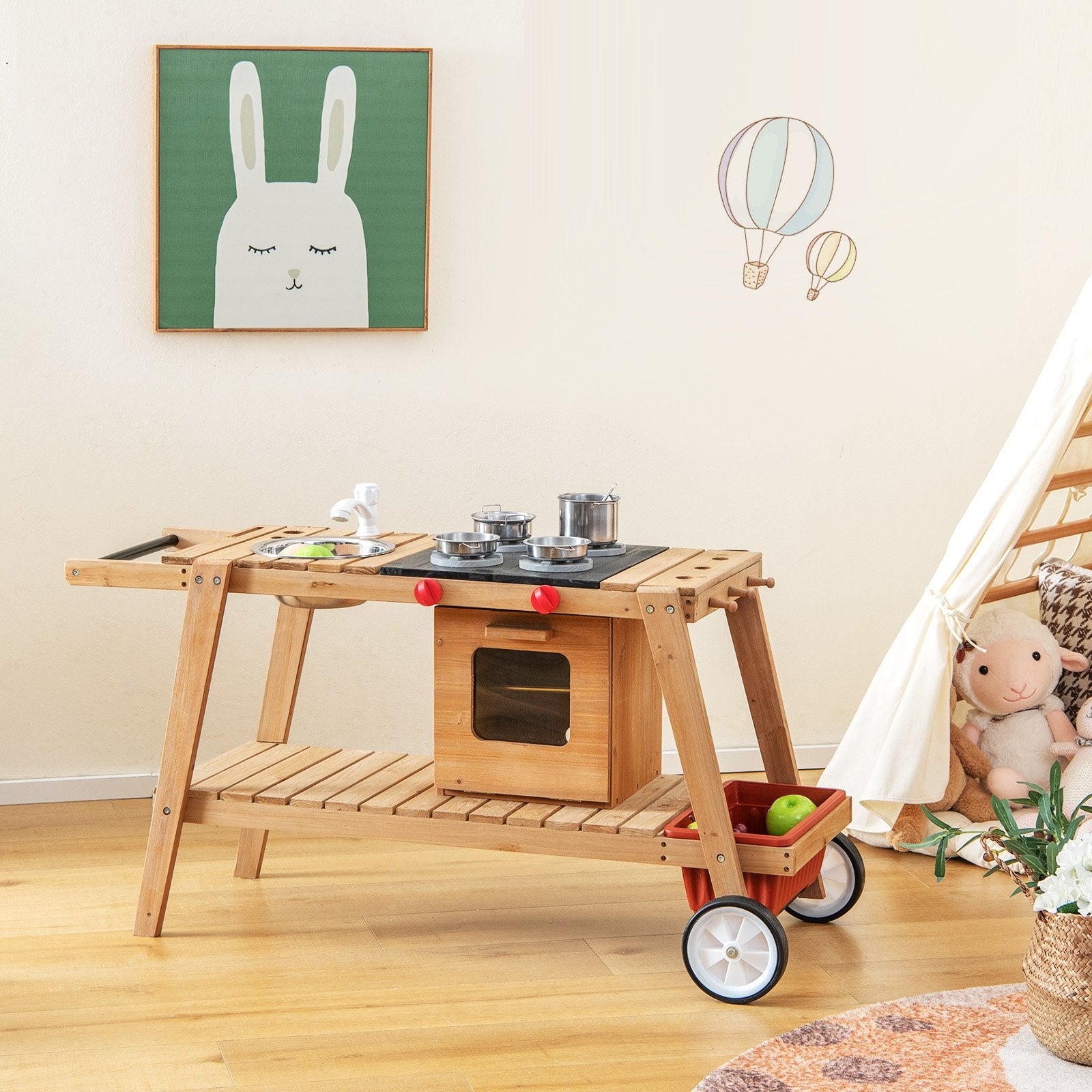 Wooden Play Cart with Sun Proof Umbrella for Toddlers Over 3 Years Old, Brown Pretend Toys   at Gallery Canada