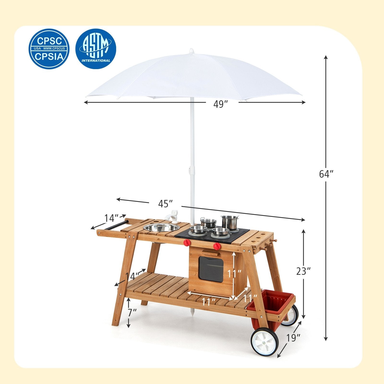 Wooden Play Cart with Sun Proof Umbrella for Toddlers Over 3 Years Old, Brown Pretend Toys   at Gallery Canada