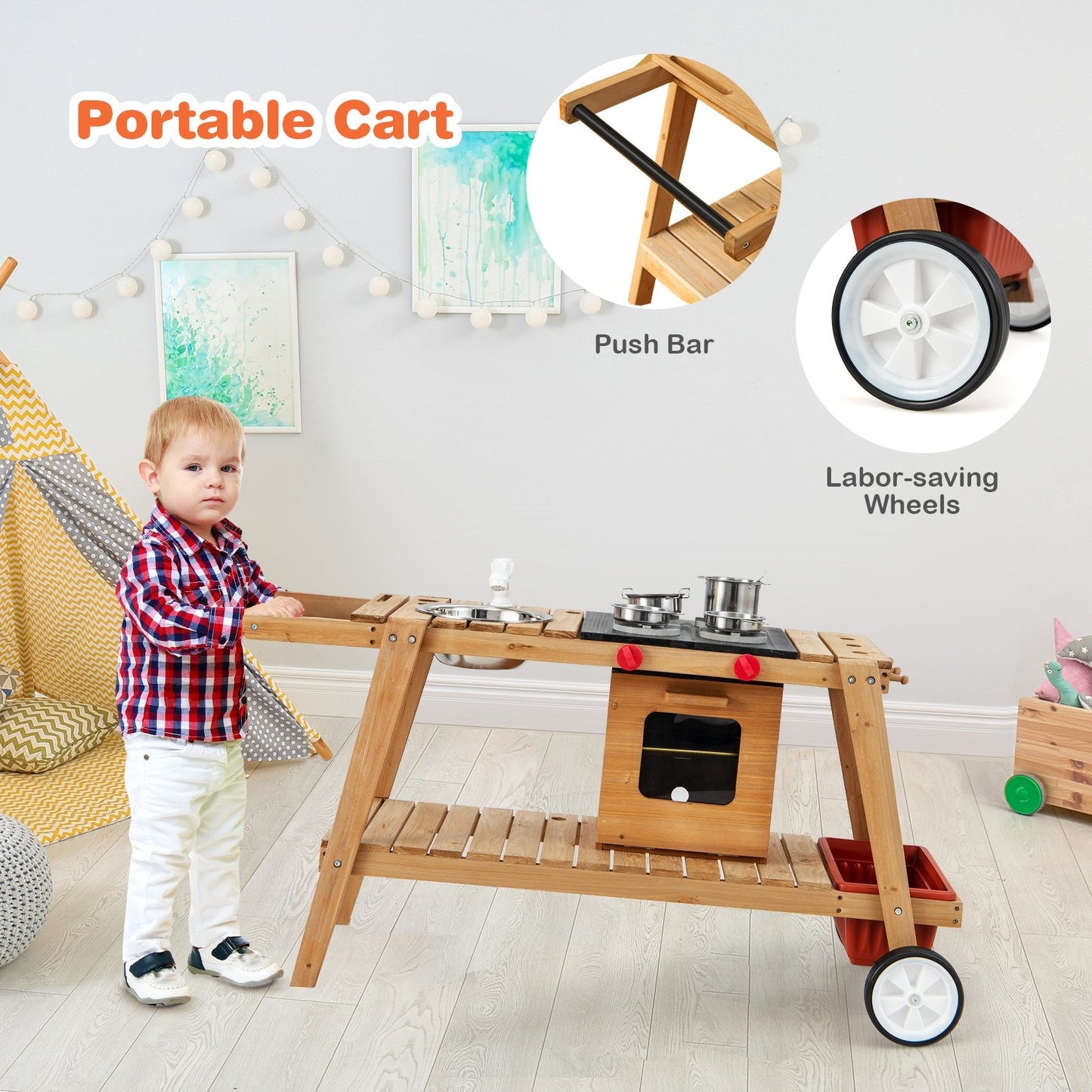 Wooden Play Cart with Sun Proof Umbrella for Toddlers Over 3 Years Old, Brown Pretend Toys   at Gallery Canada