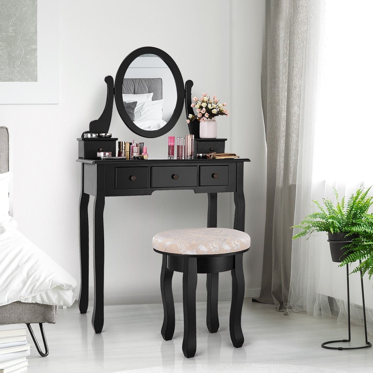 Vanity Makeup Table Set Bedroom Furniture with Padded Stool, Black - Gallery Canada