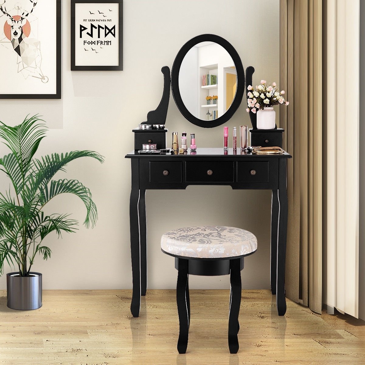 Vanity Makeup Table Set Bedroom Furniture with Padded Stool, Black Makeup Vanities   at Gallery Canada