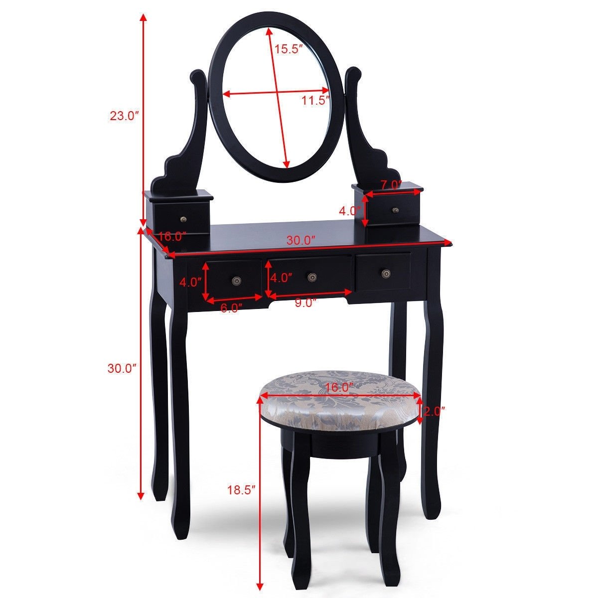 Vanity Makeup Table Set Bedroom Furniture with Padded Stool, Black - Gallery Canada