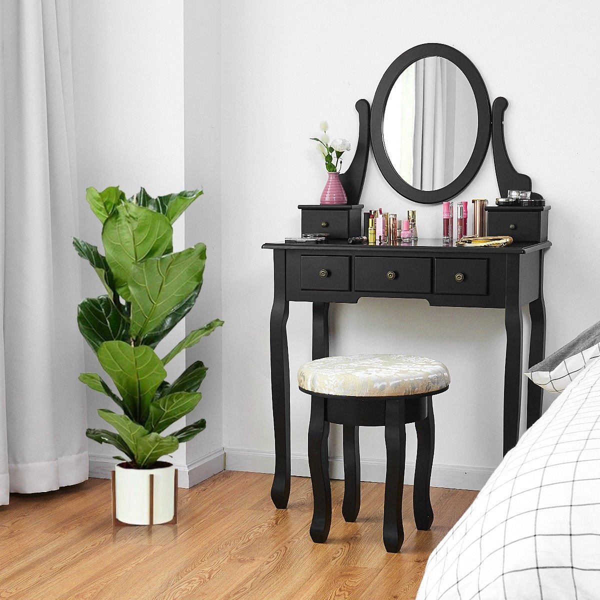 Vanity Makeup Table Set Bedroom Furniture with Padded Stool, Black Makeup Vanities   at Gallery Canada