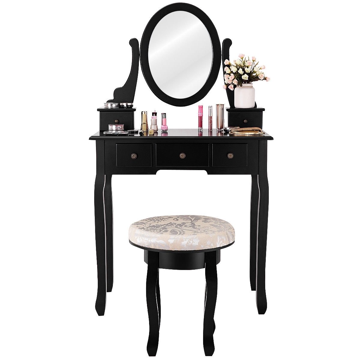 Vanity Makeup Table Set Bedroom Furniture with Padded Stool, Black - Gallery Canada