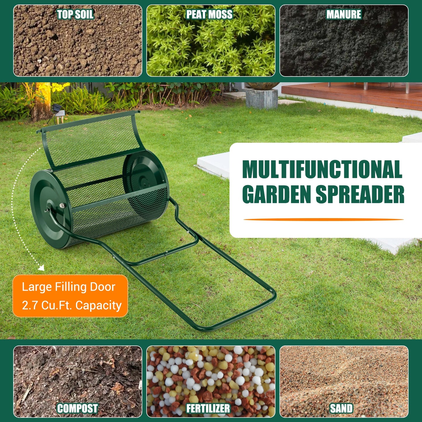 27 Inch Compost Spreader with Upgrade U-shaped Handle, Green - Gallery Canada