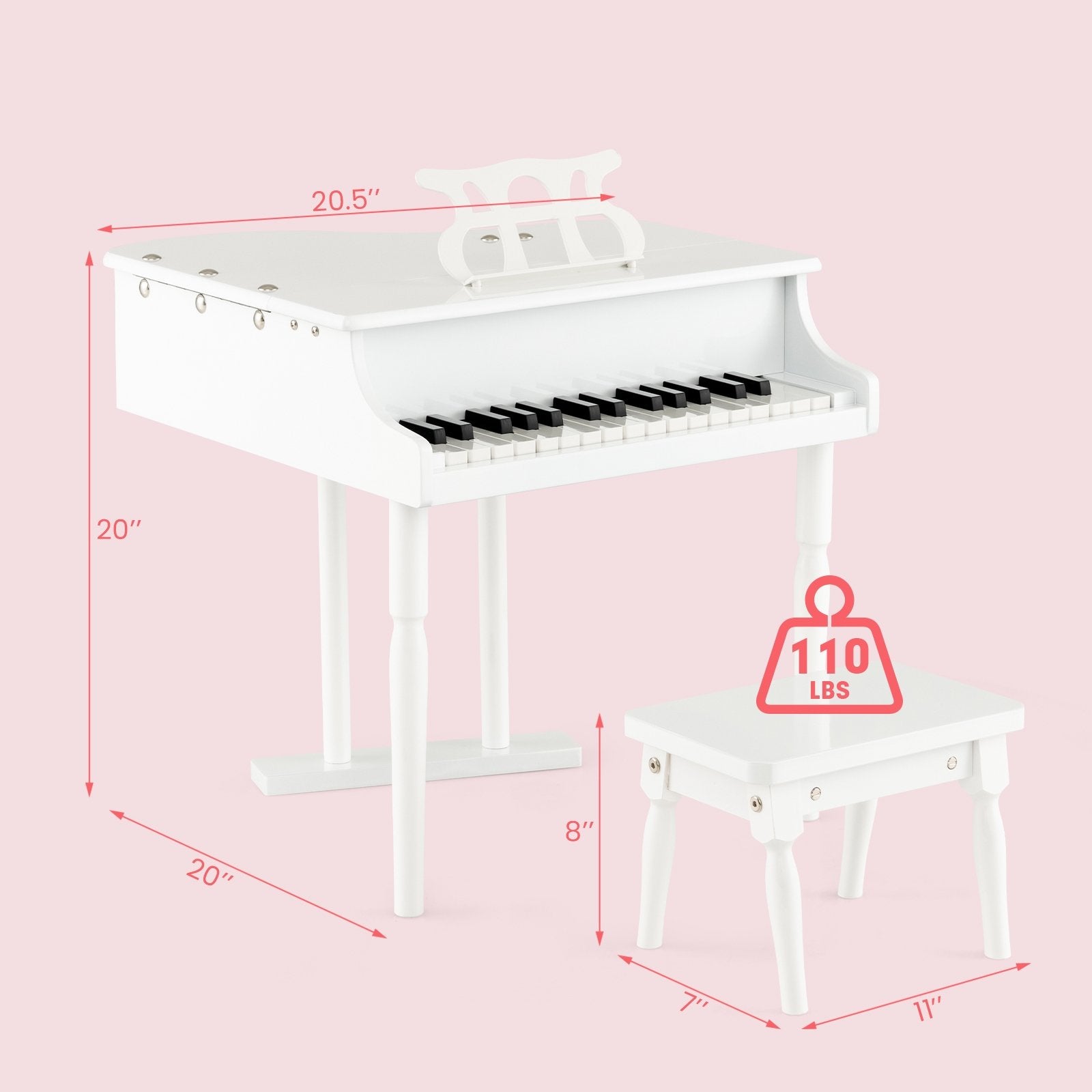 30-Key Kids Piano Keyboard Toy with Bench Piano Lid and Music Rack, White Pianos & Keyboards   at Gallery Canada