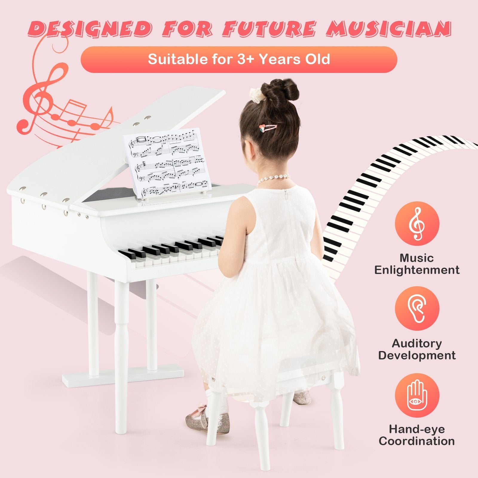 30-Key Kids Piano Keyboard Toy with Bench Piano Lid and Music Rack, White Pianos & Keyboards   at Gallery Canada