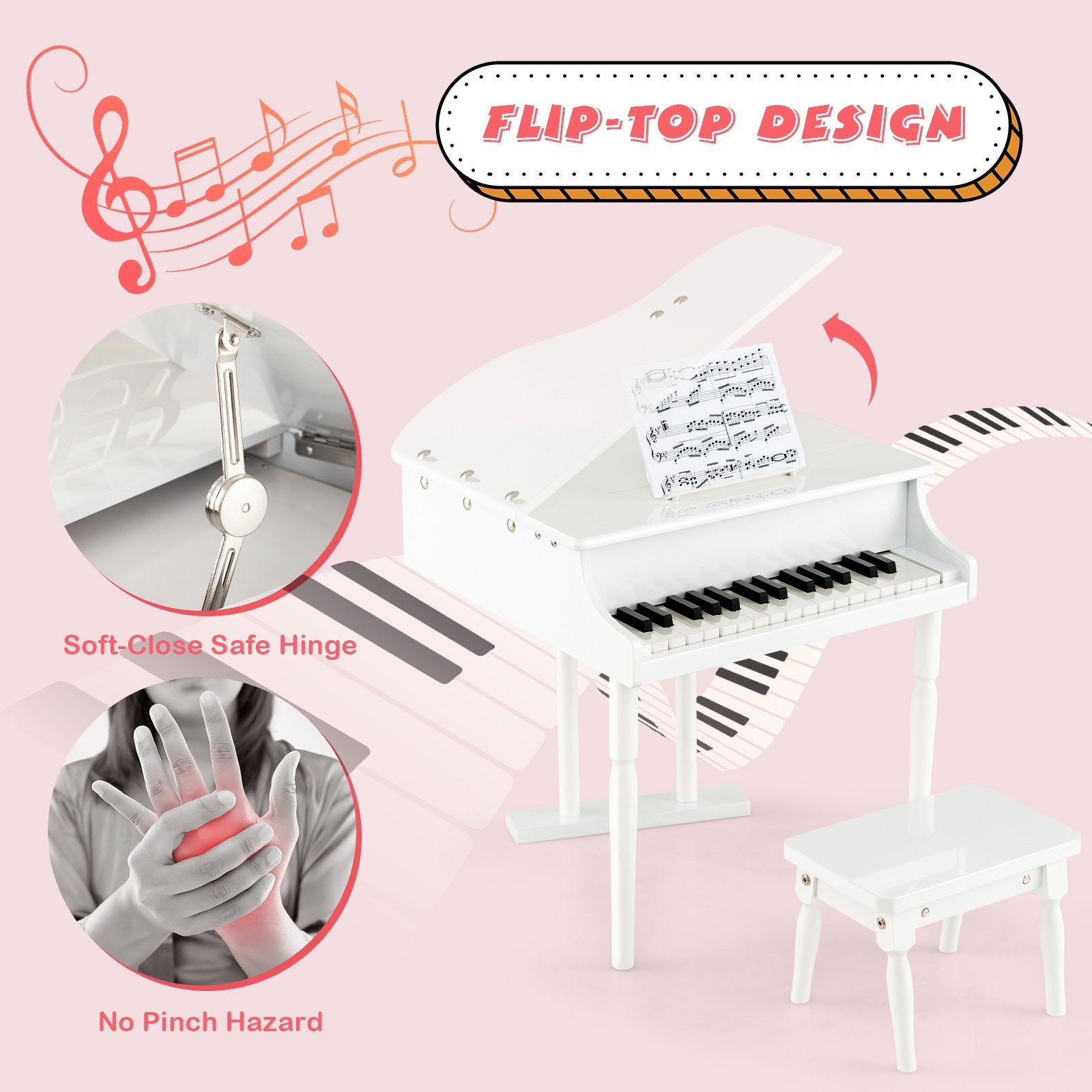 30-Key Kids Piano Keyboard Toy with Bench Piano Lid and Music Rack, White Pianos & Keyboards   at Gallery Canada