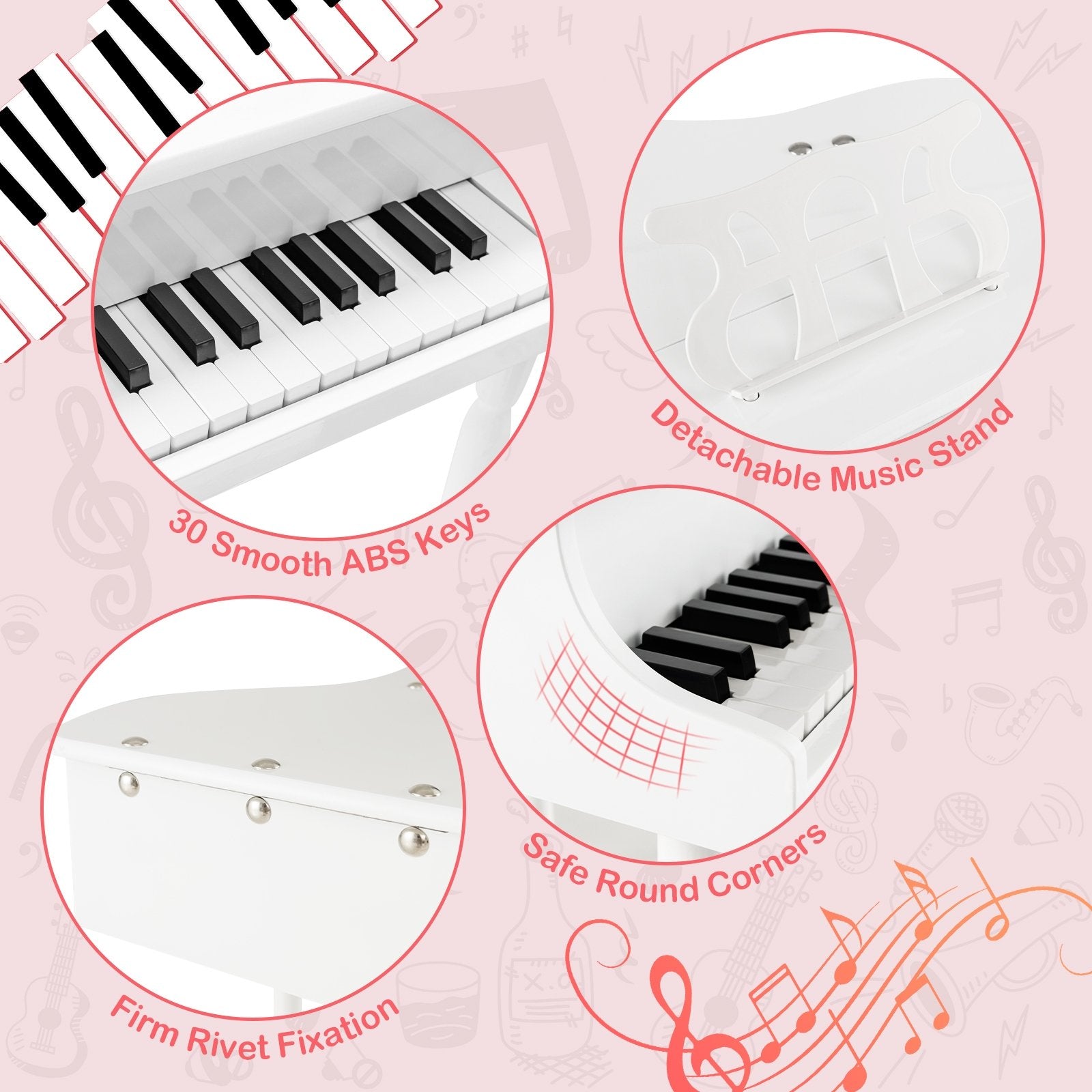 30-Key Kids Piano Keyboard Toy with Bench Piano Lid and Music Rack, White Pianos & Keyboards   at Gallery Canada