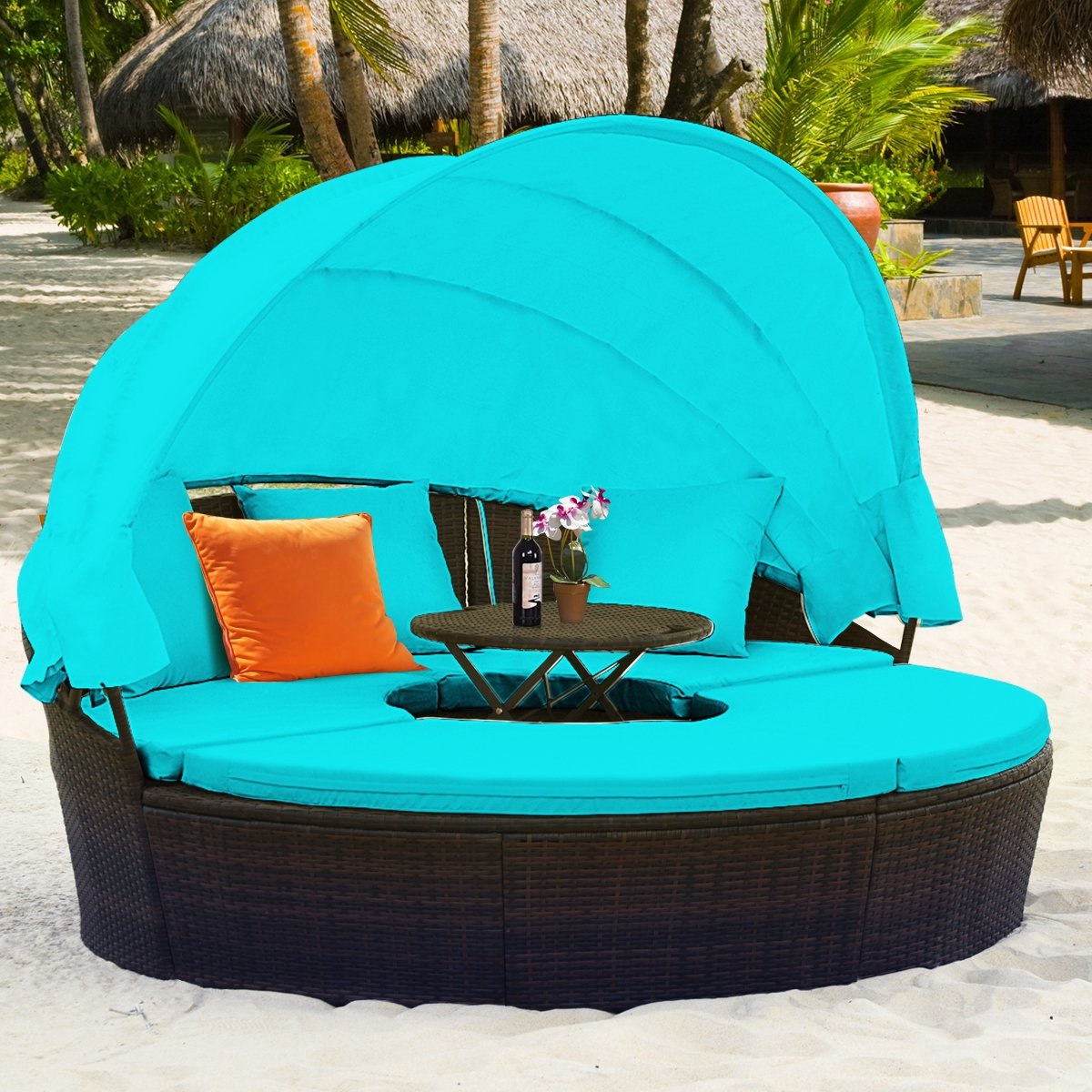 Patio Round Rattan Daybed with Retractable Canopy and Height Adjustable Coffee Table, Turquoise Patio Furniture Sets   at Gallery Canada