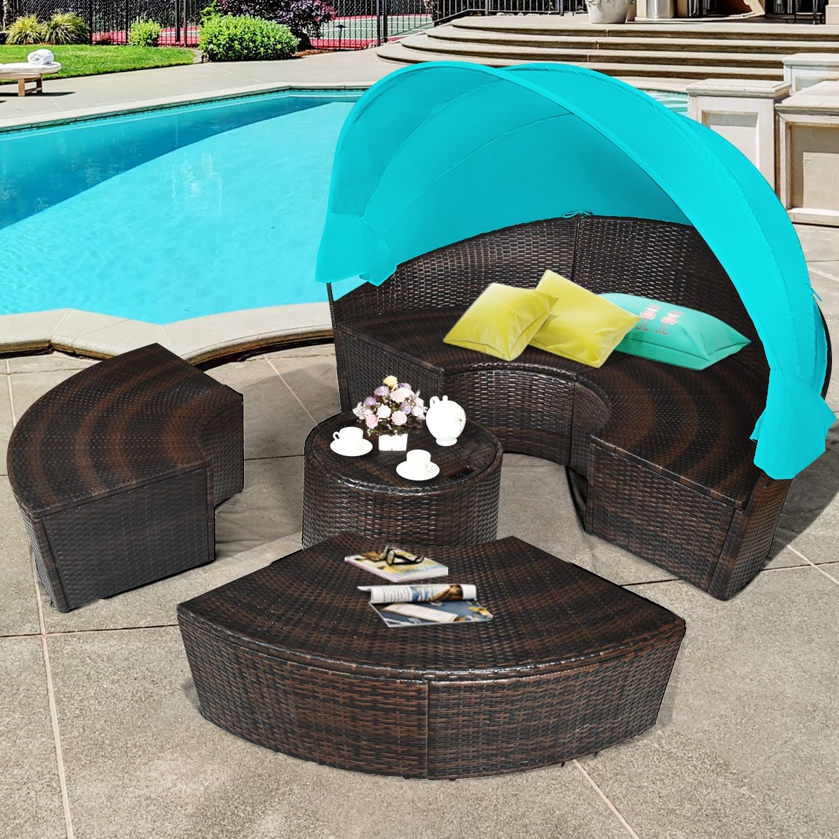 Patio Round Rattan Daybed with Retractable Canopy and Height Adjustable Coffee Table, Turquoise - Gallery Canada
