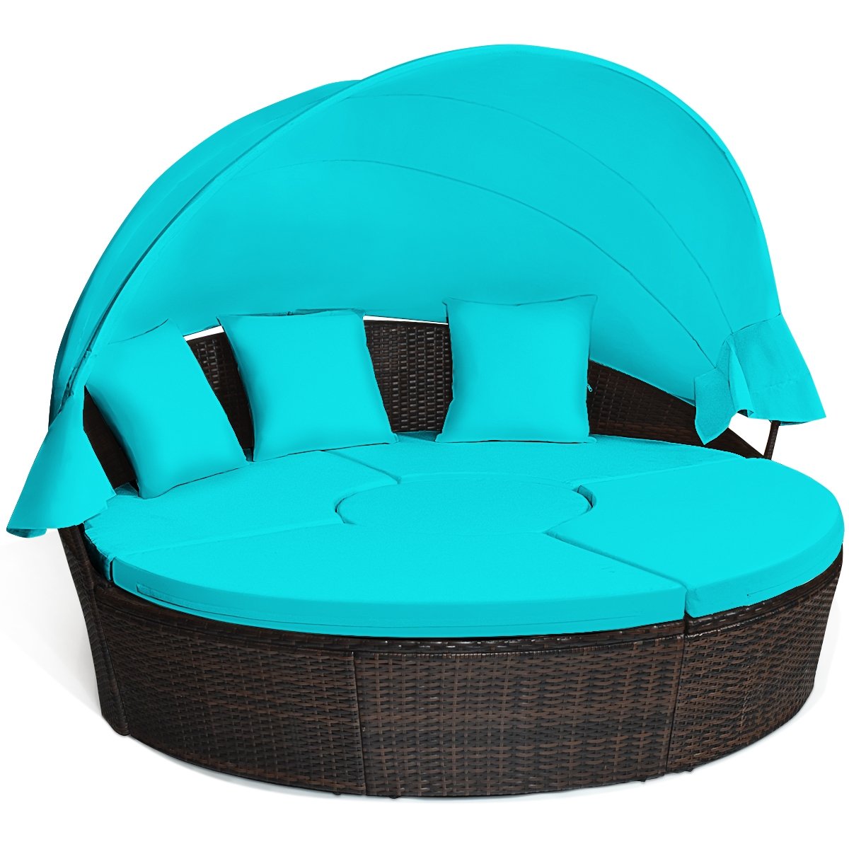 Patio Round Rattan Daybed with Retractable Canopy and Height Adjustable Coffee Table, Turquoise Patio Furniture Sets   at Gallery Canada