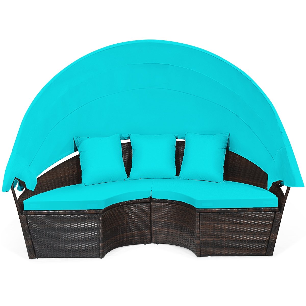 Patio Round Rattan Daybed with Retractable Canopy and Height Adjustable Coffee Table, Turquoise Patio Furniture Sets   at Gallery Canada