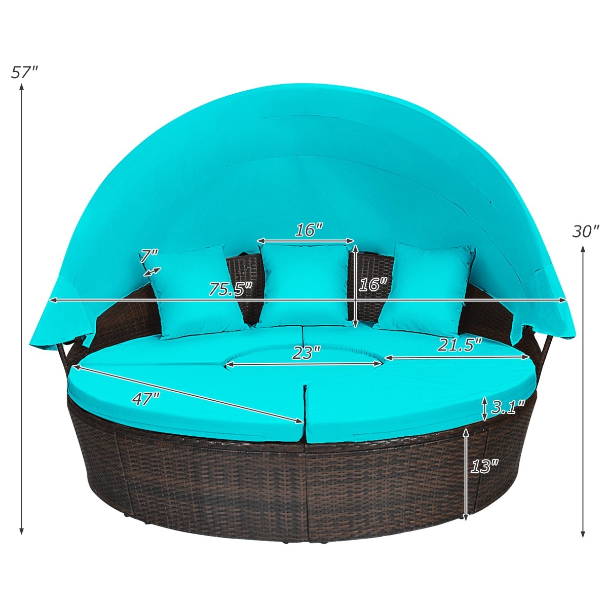 Patio Round Rattan Daybed with Retractable Canopy and Height Adjustable Coffee Table, Turquoise Patio Furniture Sets   at Gallery Canada