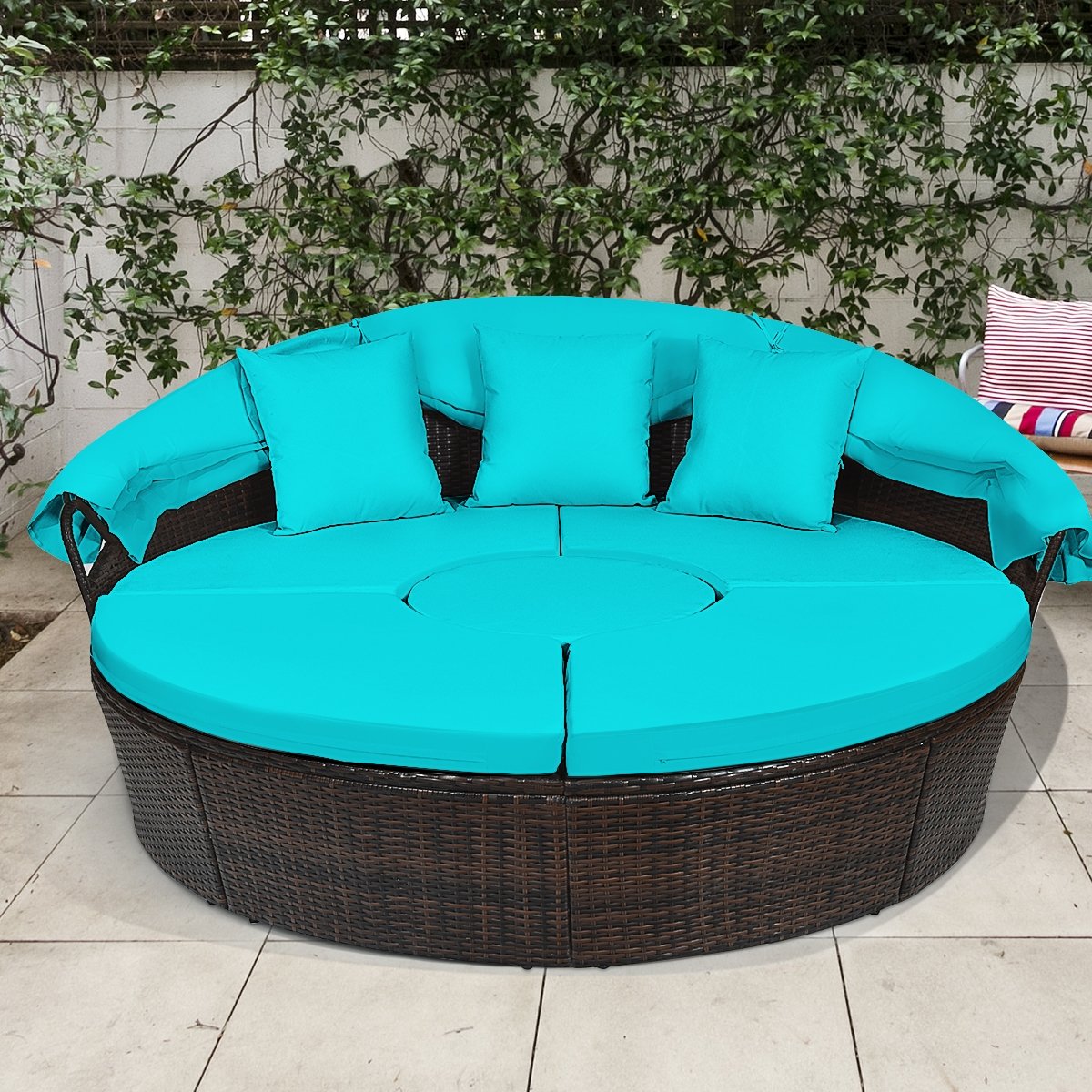 Patio Round Rattan Daybed with Retractable Canopy and Height Adjustable Coffee Table, Turquoise Patio Furniture Sets   at Gallery Canada