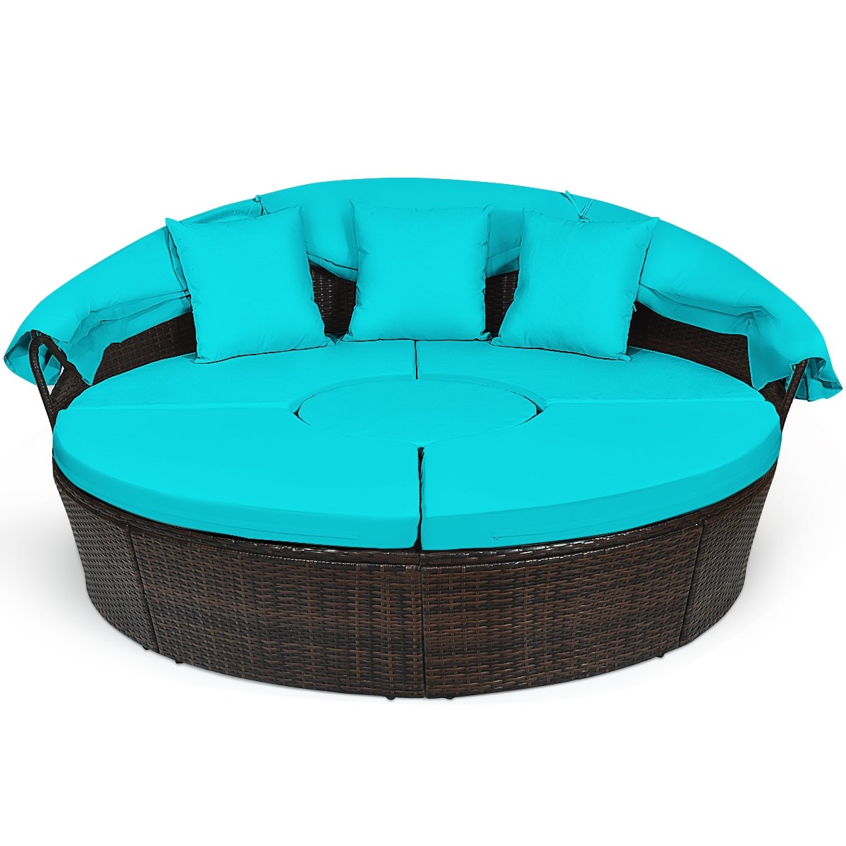 Patio Round Rattan Daybed with Retractable Canopy and Height Adjustable Coffee Table, Turquoise Patio Furniture Sets   at Gallery Canada