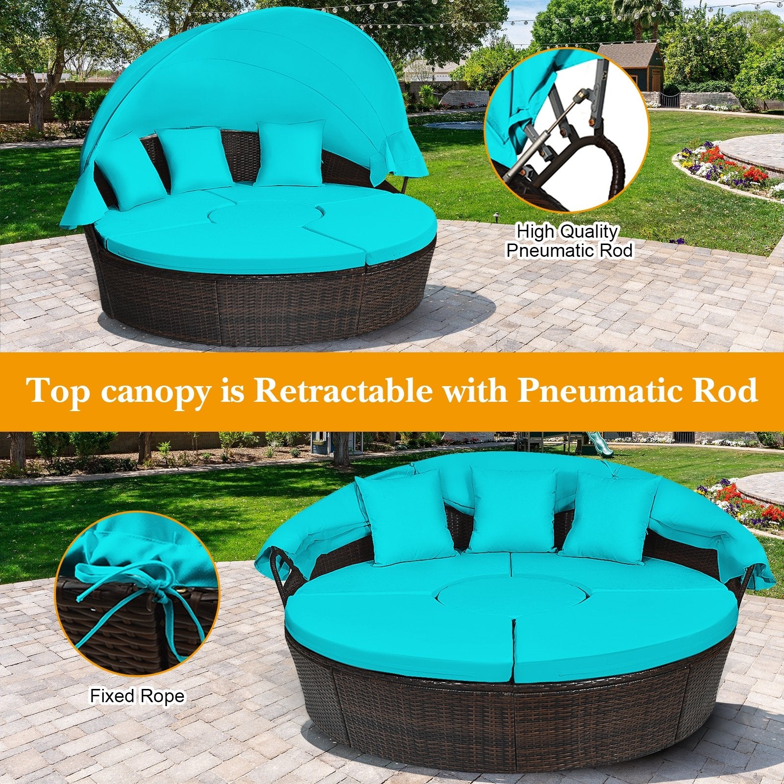 Patio Round Rattan Daybed with Retractable Canopy and Height Adjustable Coffee Table, Turquoise Patio Furniture Sets   at Gallery Canada