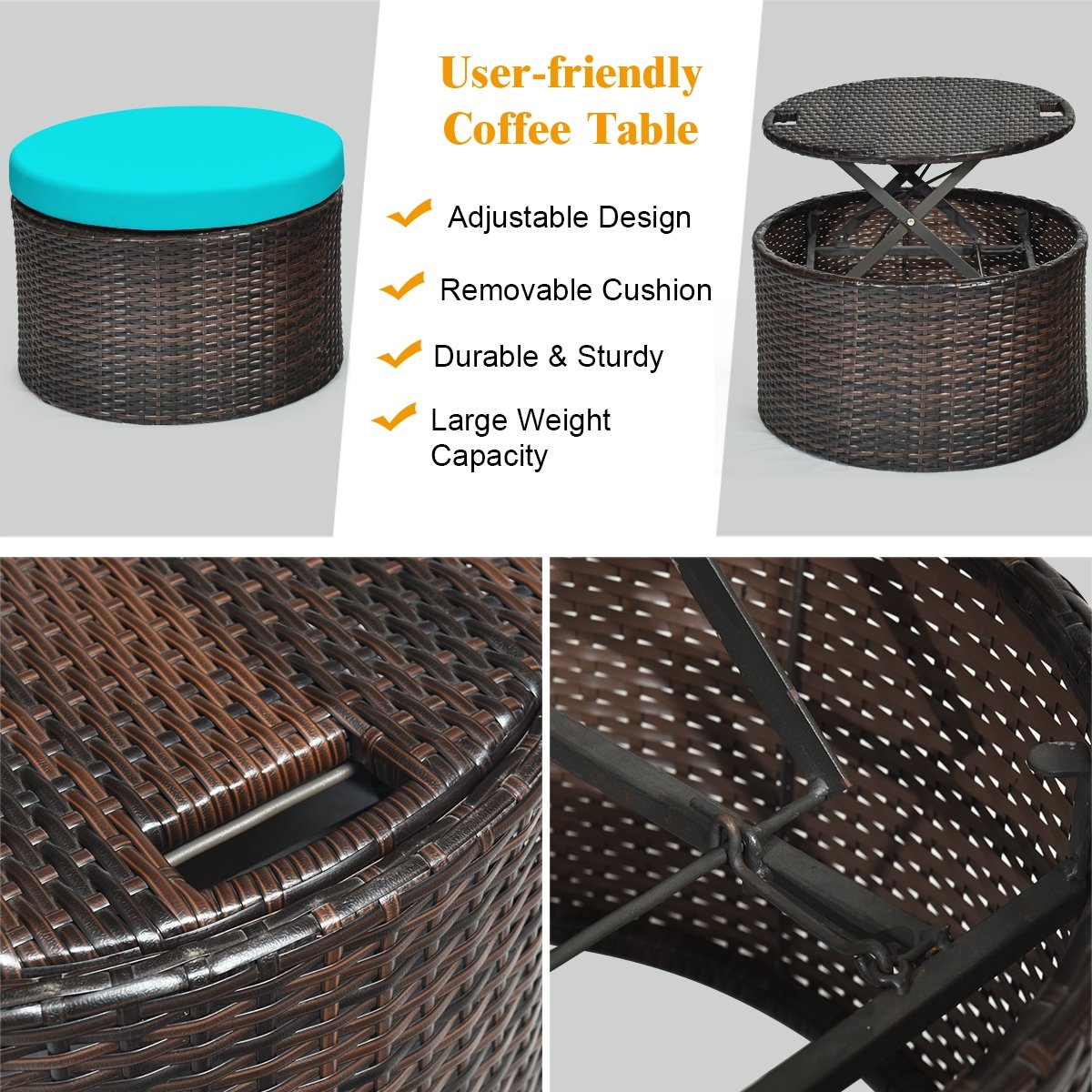 Patio Round Rattan Daybed with Retractable Canopy and Height Adjustable Coffee Table, Turquoise - Gallery Canada