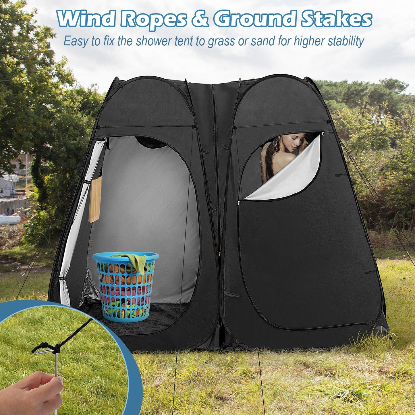 Oversized Pop Up Shower Tent with Window Floor and Storage Pocket, Black - Gallery Canada