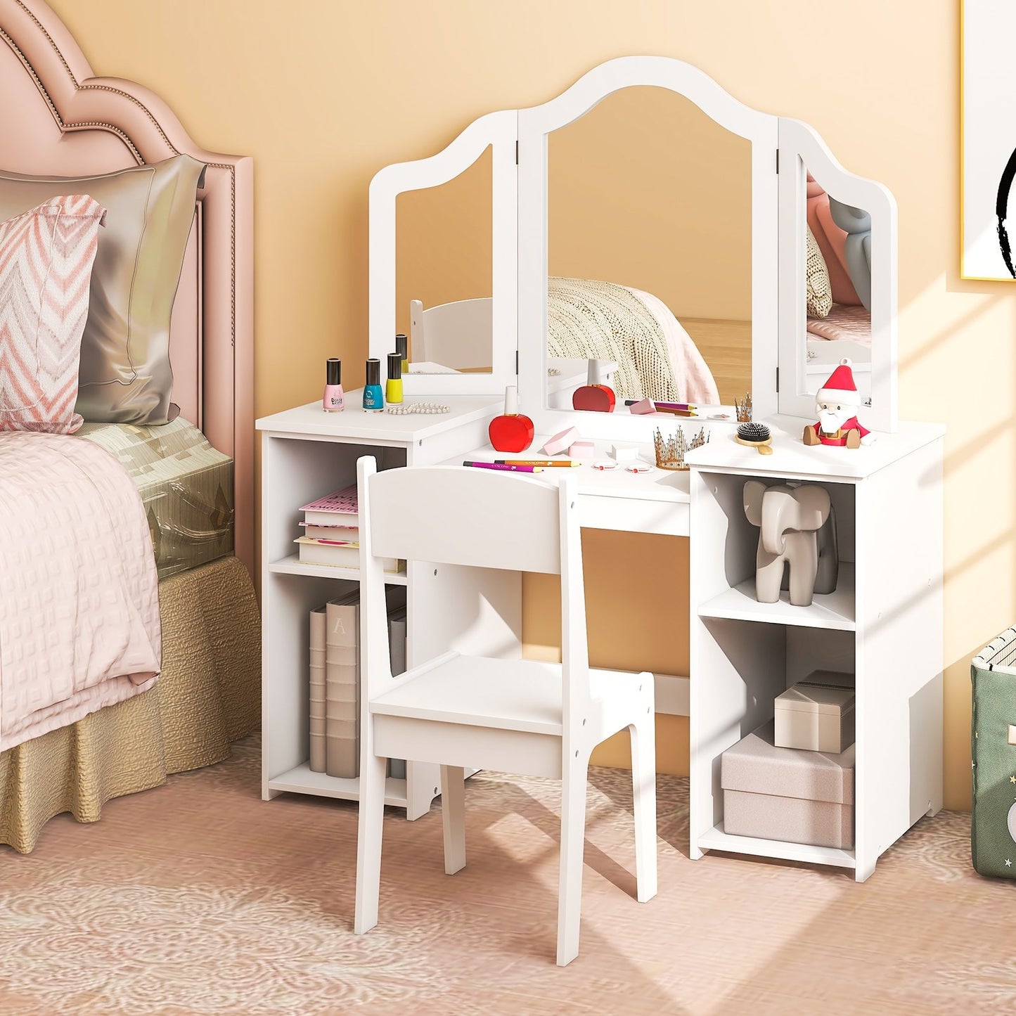 Kids Vanity Table and Chair Set with Removable Tri-Folding Mirror, White Kids Vanities   at Gallery Canada