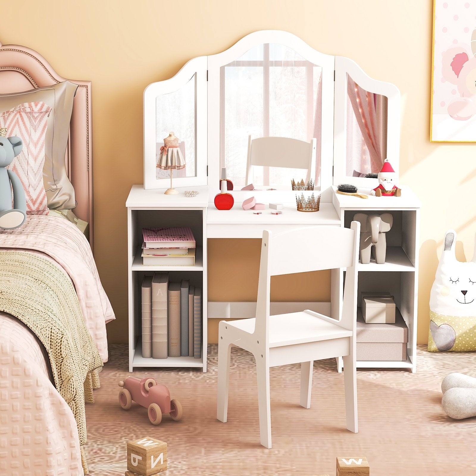 Kids Vanity Table and Chair Set with Removable Tri-Folding Mirror, White Kids Vanities   at Gallery Canada