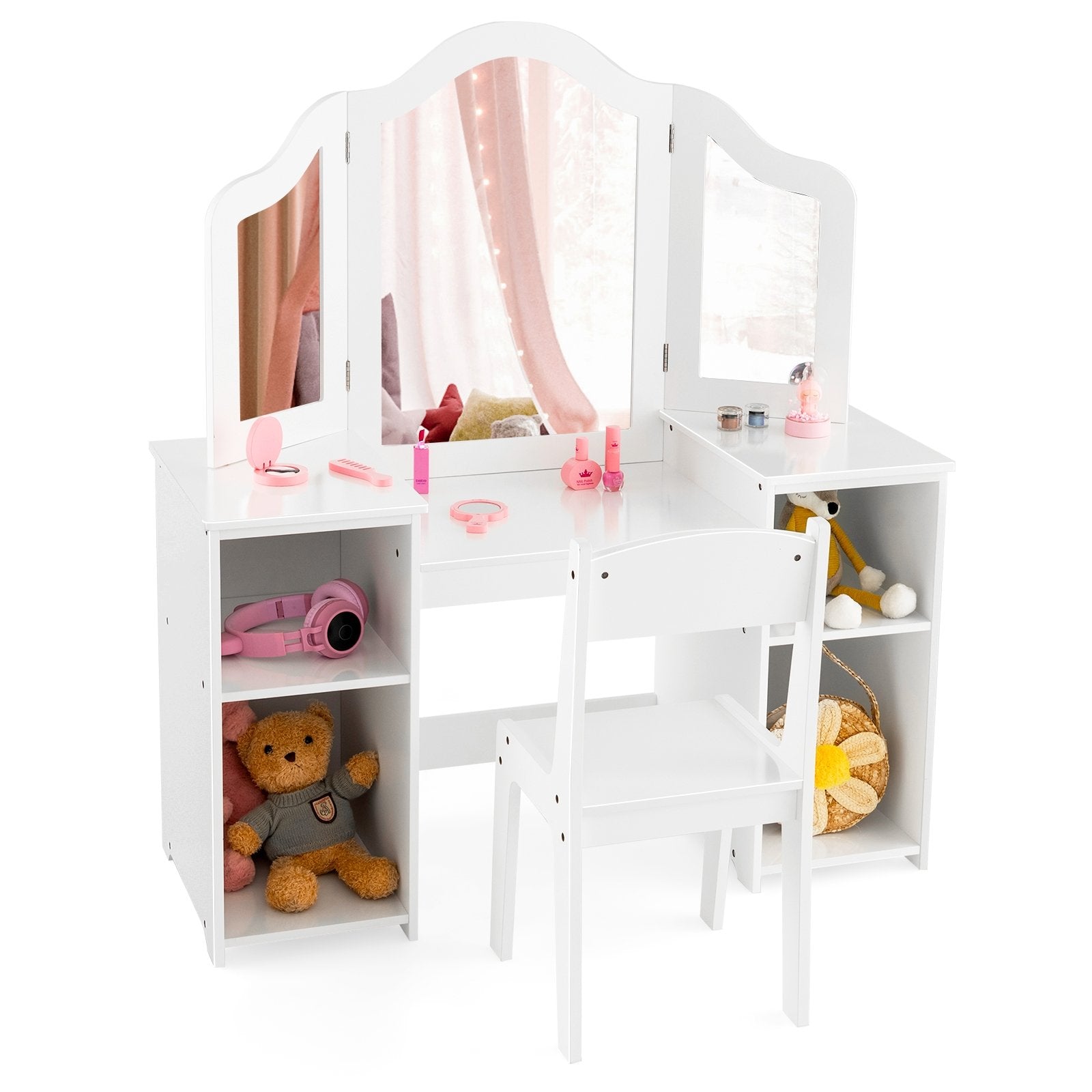 Kids Vanity Table and Chair Set with Removable Tri-Folding Mirror, White Kids Vanities   at Gallery Canada