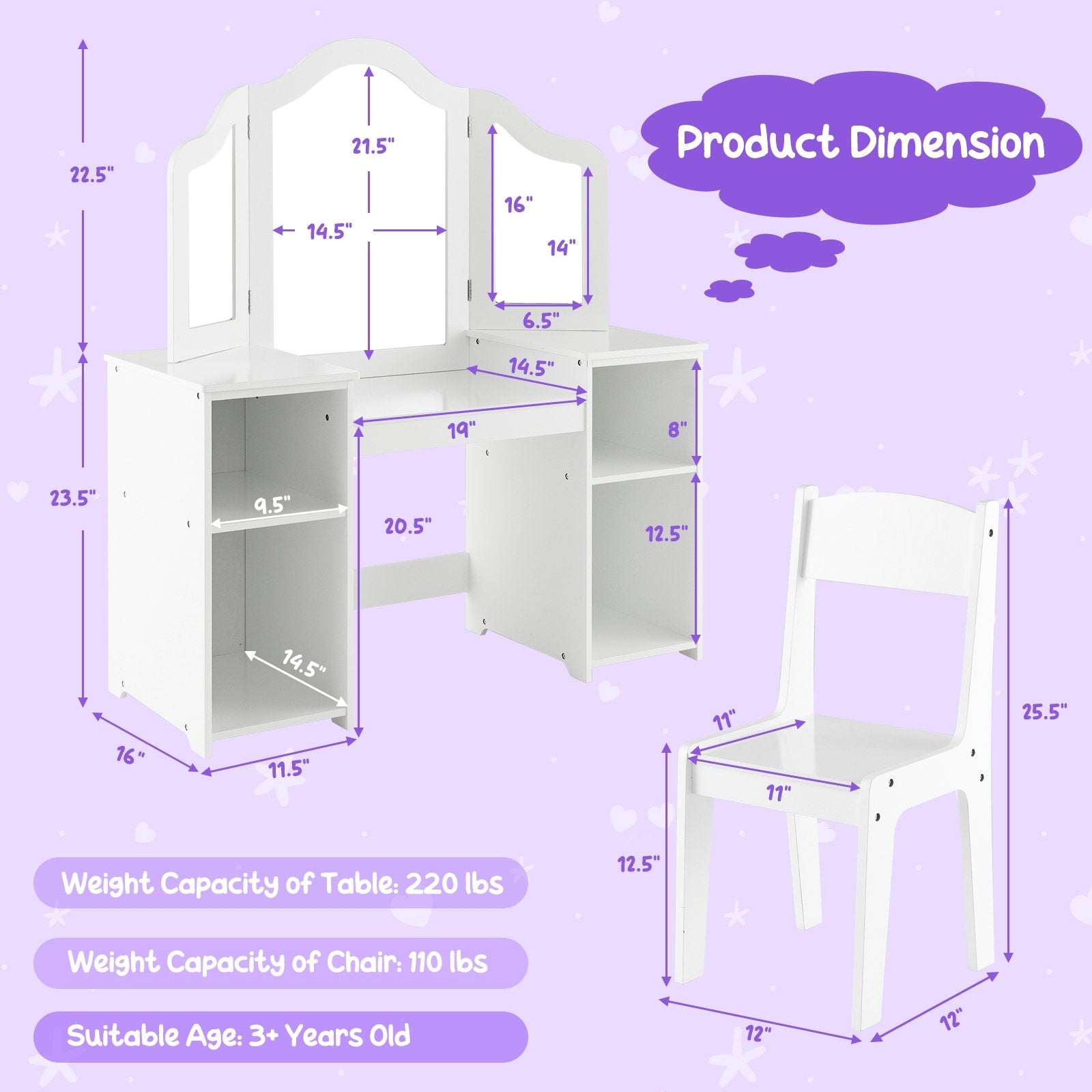 Kids Vanity Table and Chair Set with Removable Tri-Folding Mirror, White Kids Vanities   at Gallery Canada