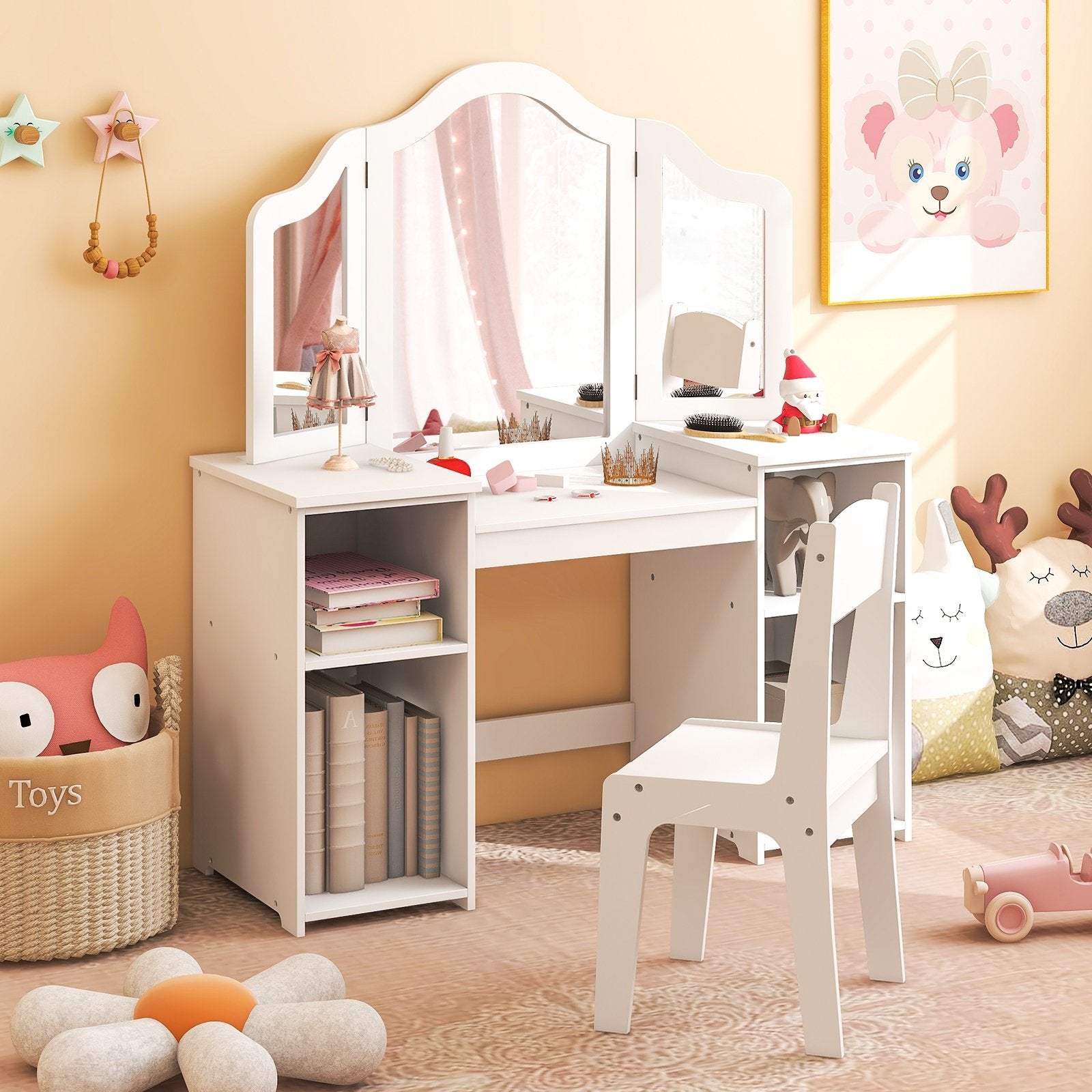 Kids Vanity Table and Chair Set with Removable Tri-Folding Mirror, White Kids Vanities   at Gallery Canada