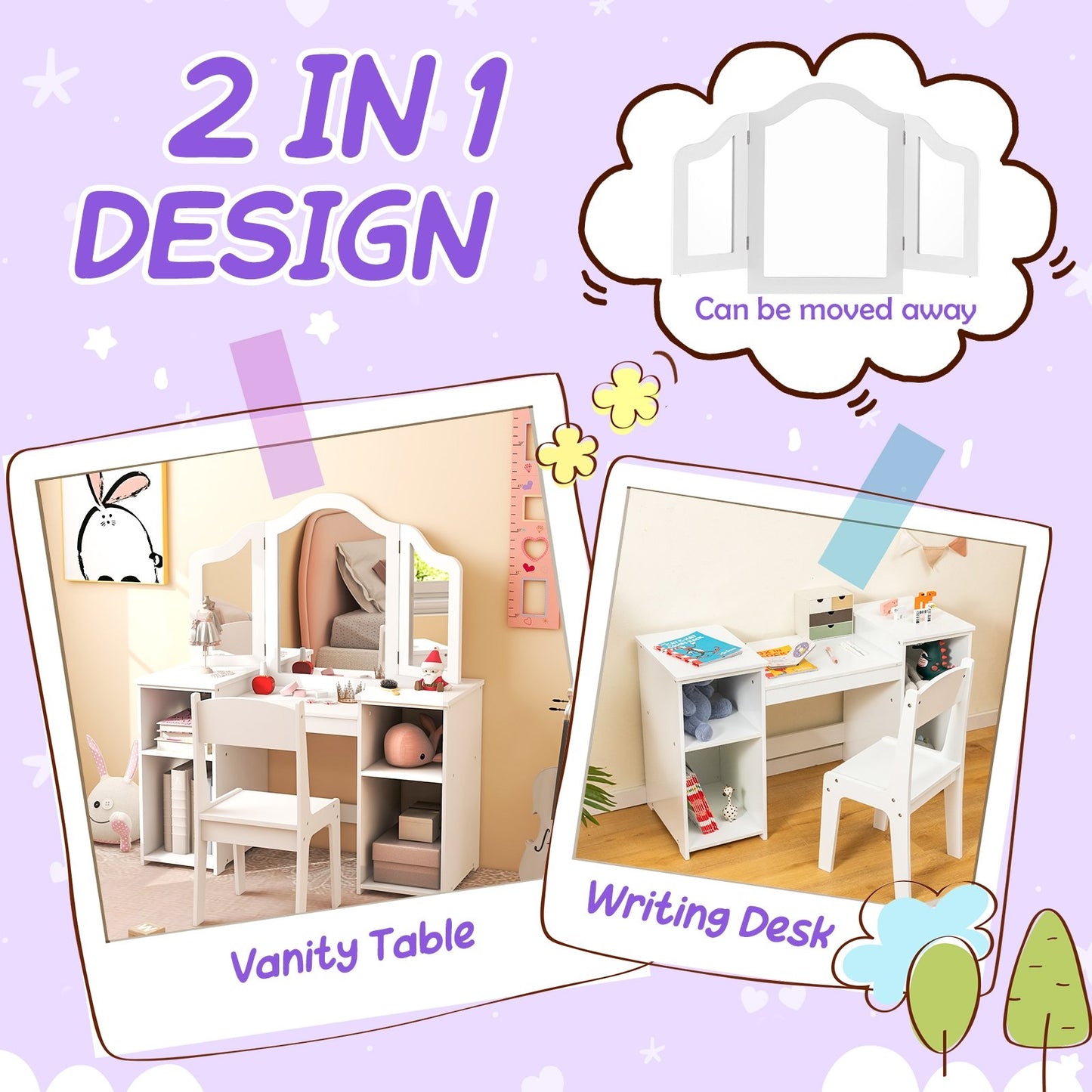 Kids Vanity Table and Chair Set with Removable Tri-Folding Mirror, White Kids Vanities   at Gallery Canada