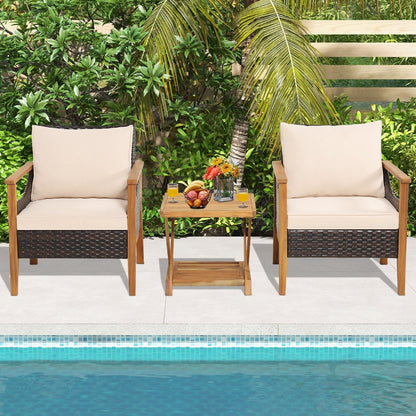 3 Pieces Patio Wicker Furniture Set with 2-Tier Side Table and Cushioned Armchairs, Natural Patio Conversation Sets   at Gallery Canada