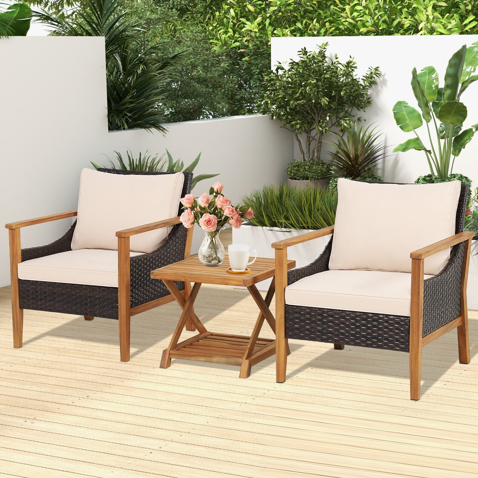 3 Pieces Patio Wicker Furniture Set with 2-Tier Side Table and Cushioned Armchairs, Natural Patio Conversation Sets   at Gallery Canada