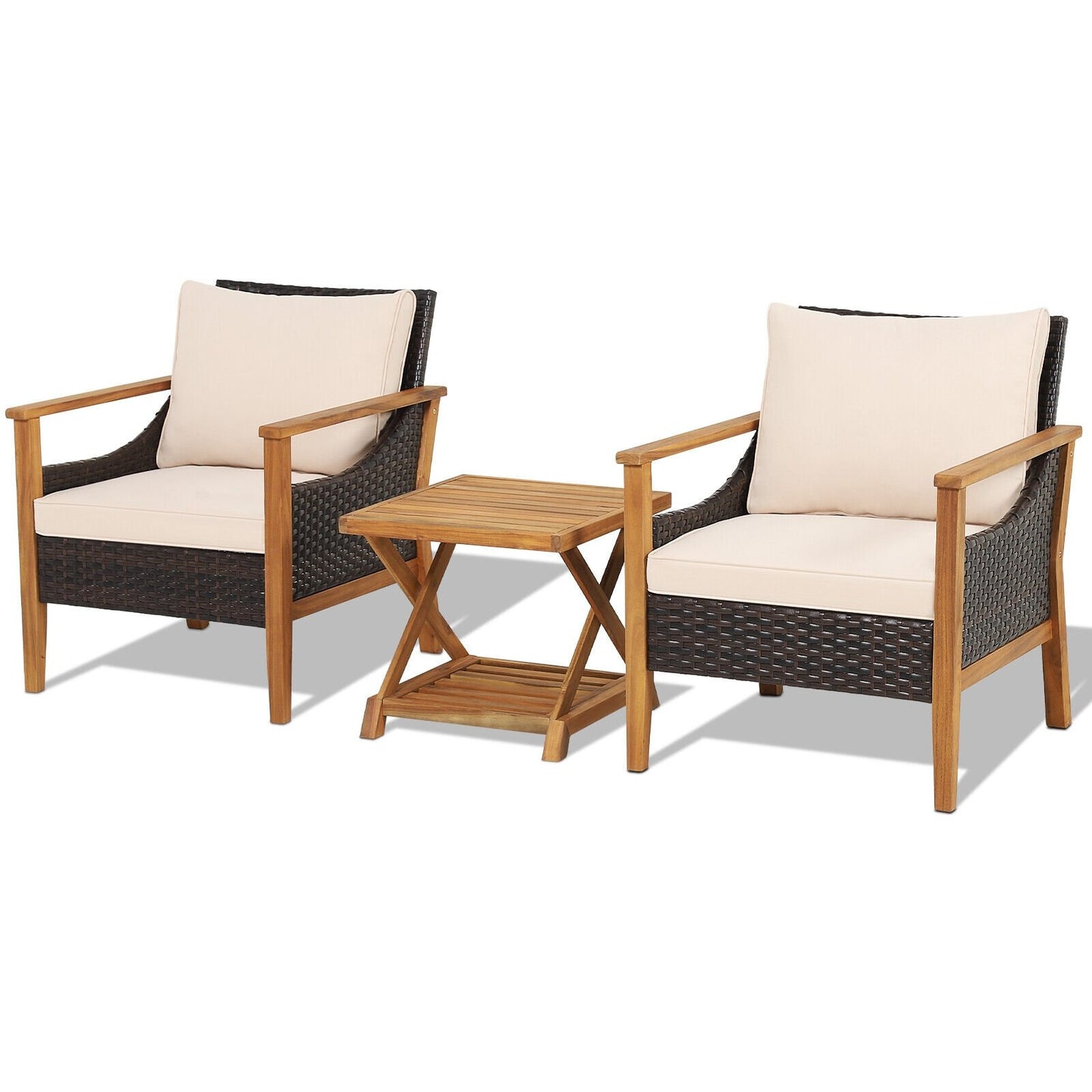 3 Pieces Patio Wicker Furniture Set with 2-Tier Side Table and Cushioned Armchairs, Natural Patio Conversation Sets   at Gallery Canada