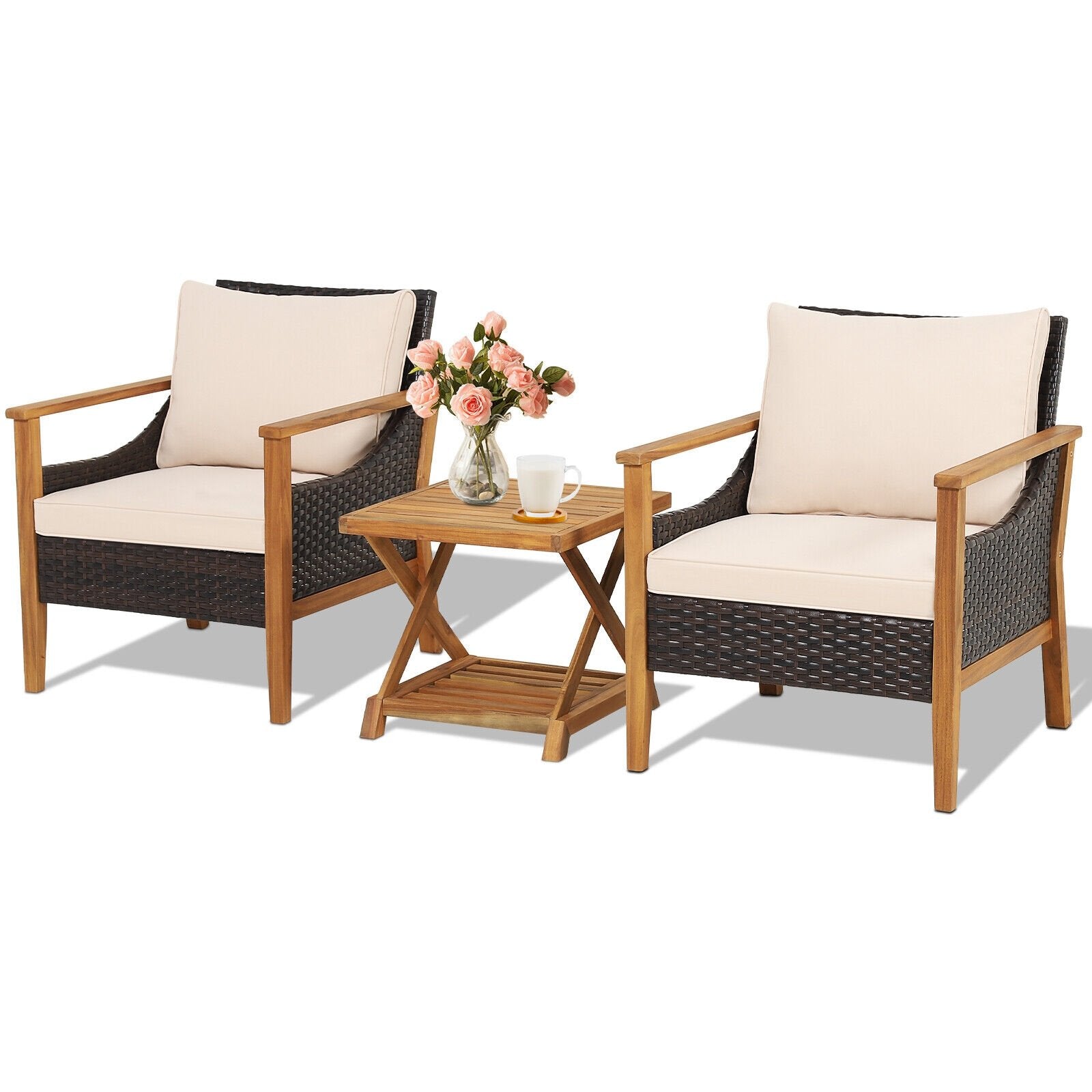 3 Pieces Patio Wicker Furniture Set with 2-Tier Side Table and Cushioned Armchairs, Natural Patio Conversation Sets   at Gallery Canada