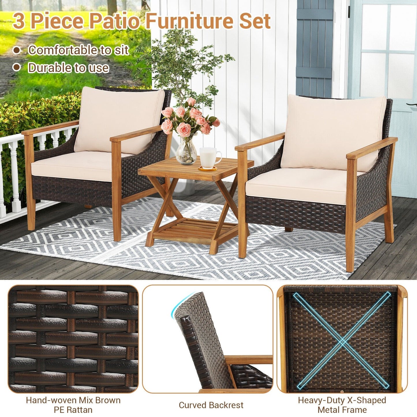 3 Pieces Patio Wicker Furniture Set with 2-Tier Side Table and Cushioned Armchairs, Natural Patio Conversation Sets   at Gallery Canada