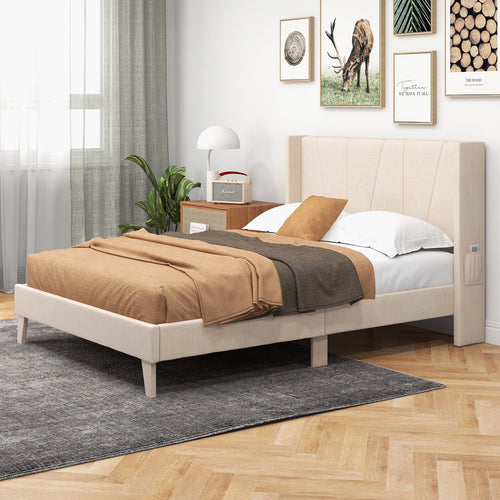 Full/Queen Size Upholstered Bed Frame with Geometric Wingback Headboard-Full Size, Beige
