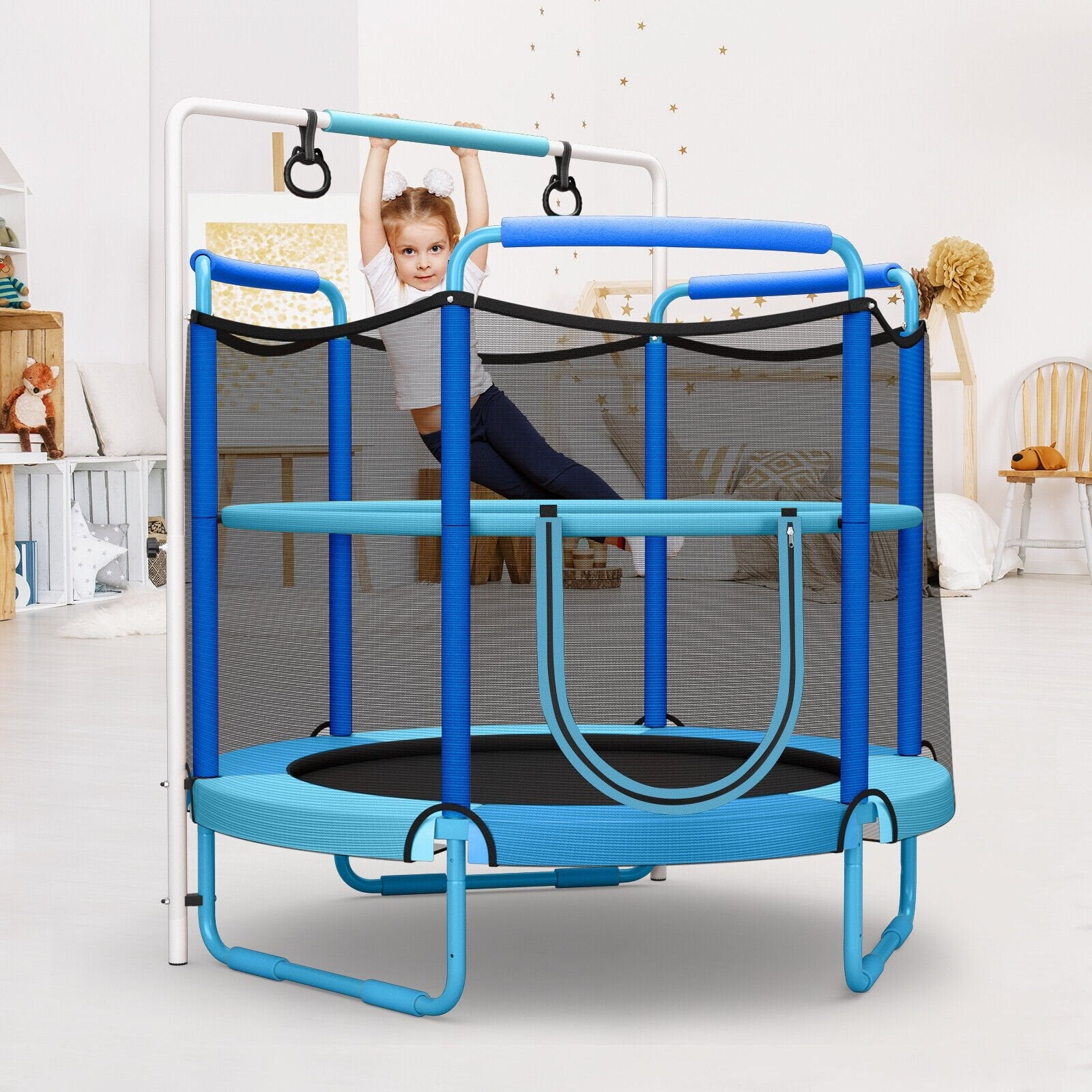 5 Feet Kids 3-in-1 Game Trampoline with Enclosure Net Spring Pad, Blue Trampolines   at Gallery Canada