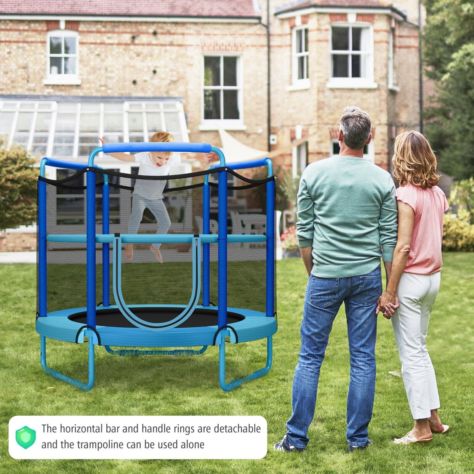 5 Feet Kids 3-in-1 Game Trampoline with Enclosure Net Spring Pad, Blue Trampolines   at Gallery Canada