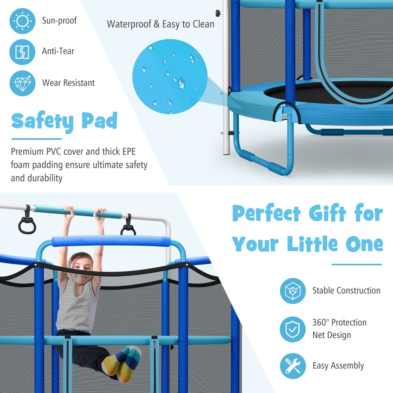 5 Feet Kids 3-in-1 Game Trampoline with Enclosure Net Spring Pad, Blue Trampolines   at Gallery Canada