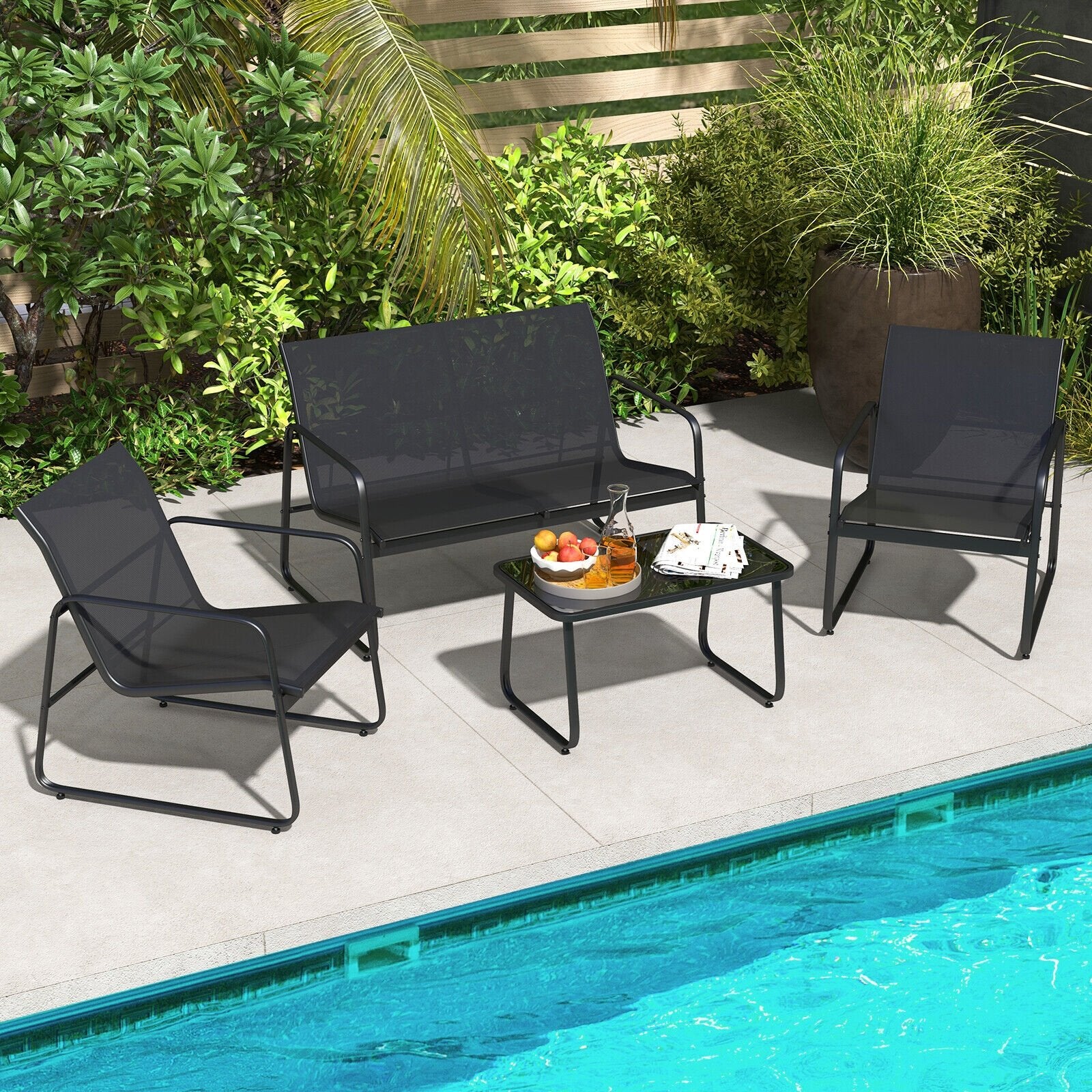 4 Pieces Outdoor Conversation Set with Tempered Glass Coffee Table, Black Patio Conversation Sets   at Gallery Canada