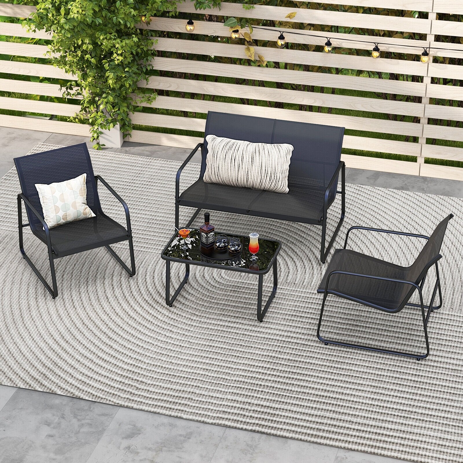 4 Pieces Outdoor Conversation Set with Tempered Glass Coffee Table, Black Patio Conversation Sets   at Gallery Canada