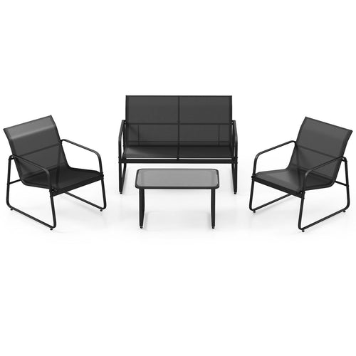 4 Pieces Outdoor Conversation Set with Tempered Glass Coffee Table, Black