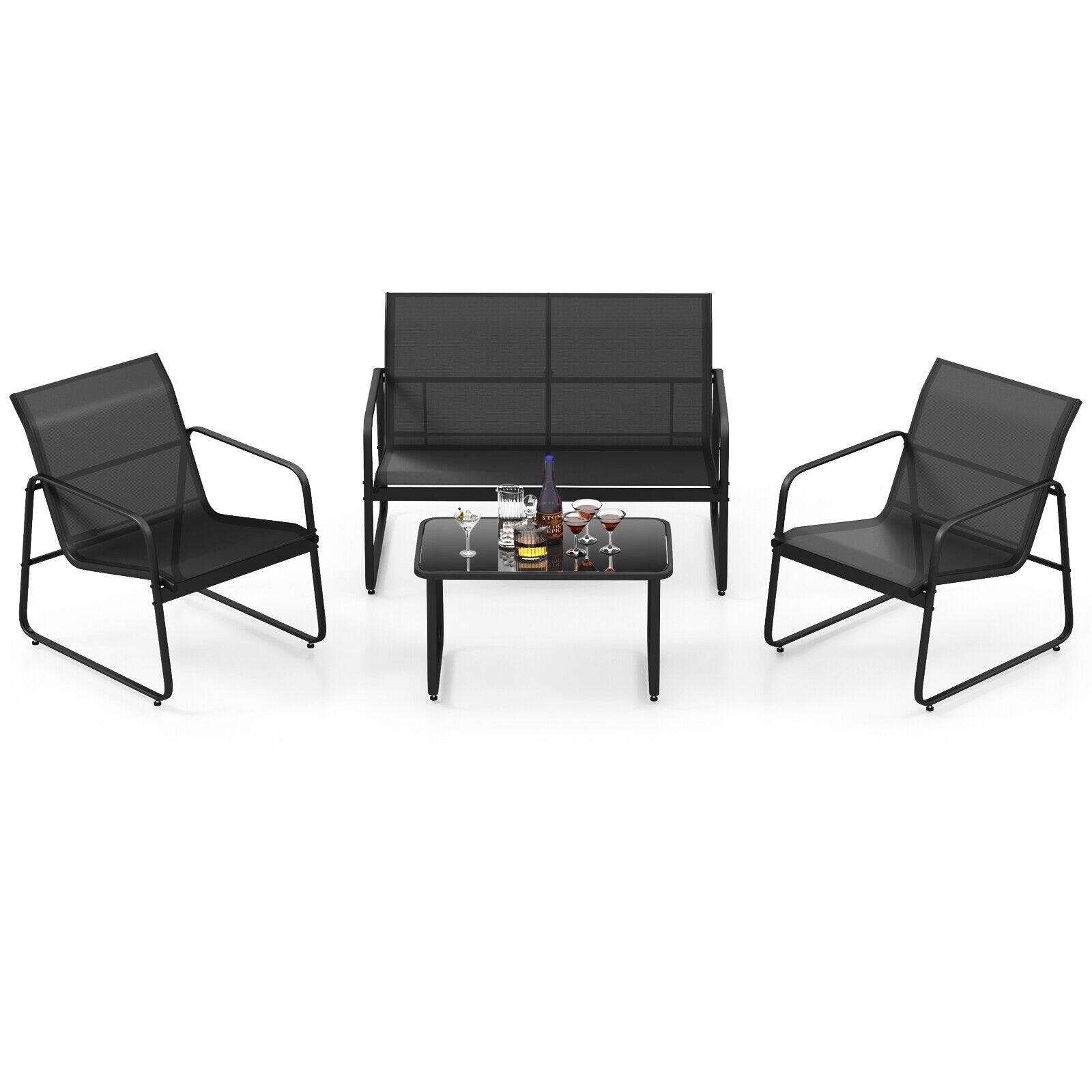 4 Pieces Outdoor Conversation Set with Tempered Glass Coffee Table, Black Patio Conversation Sets   at Gallery Canada