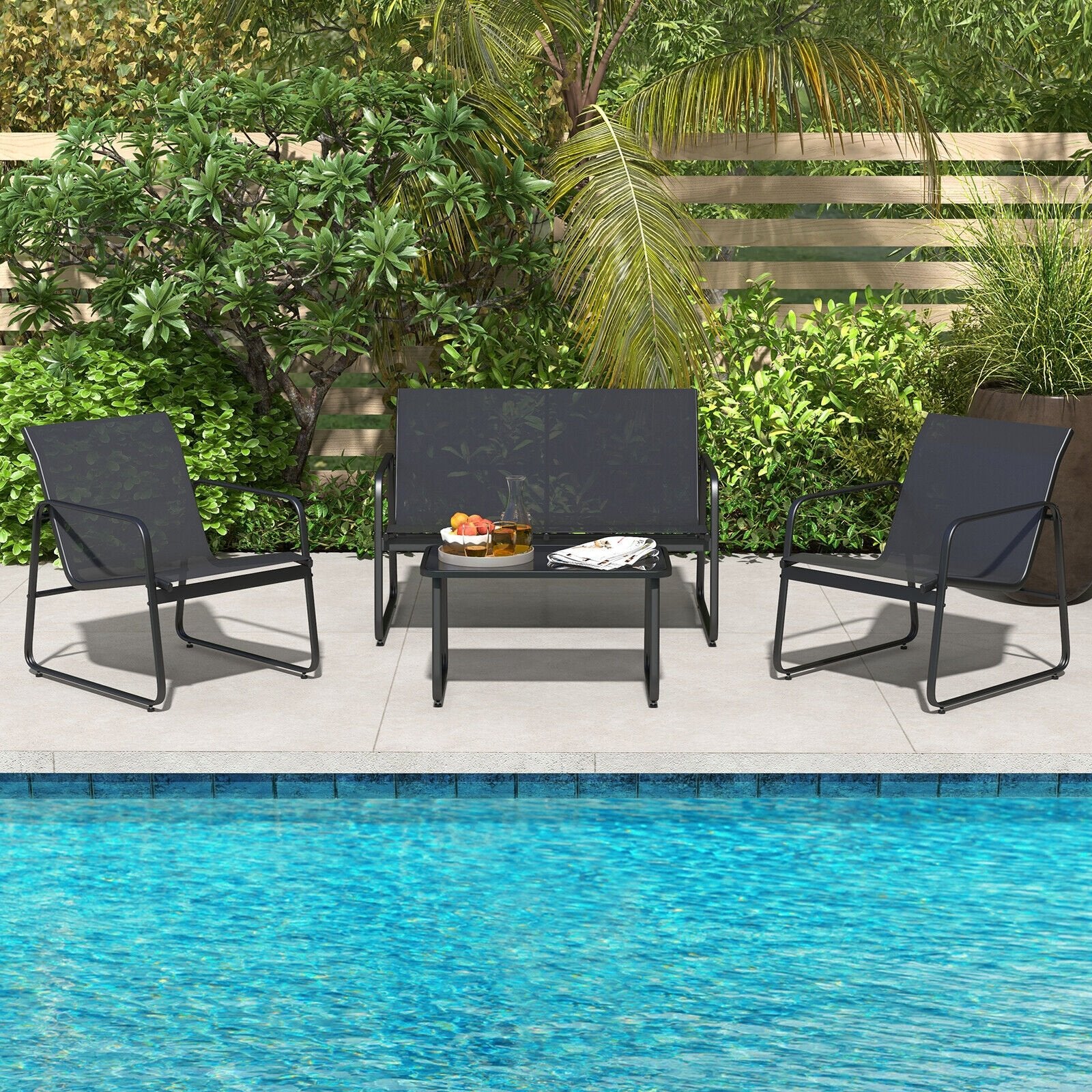 4 Pieces Outdoor Conversation Set with Tempered Glass Coffee Table, Black Patio Conversation Sets   at Gallery Canada