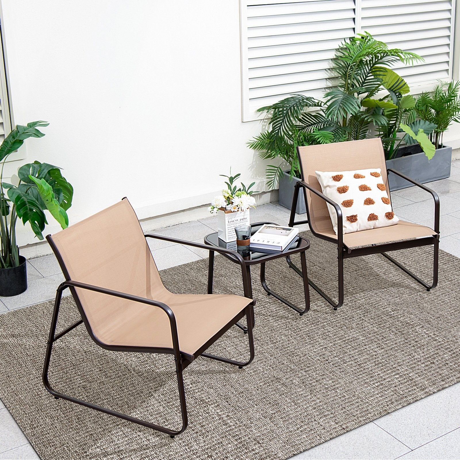 3 Pieces Patio Conversation Set with Breathable Fabric and Tabletop, Brown Patio Conversation Sets   at Gallery Canada